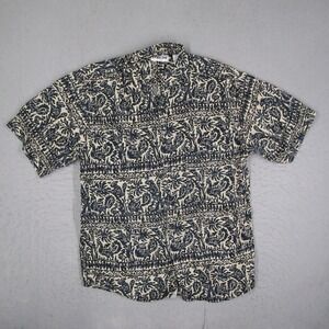 Porcini Silk Mens Small Blue Cream Graphic Bird Print Short Sleeve Button Shirt